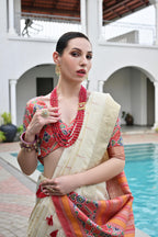 Jyoti Fashion Women's Off White Khadi Raw Silk Meena Weaving Patola Saree with Blouse | Grocsy