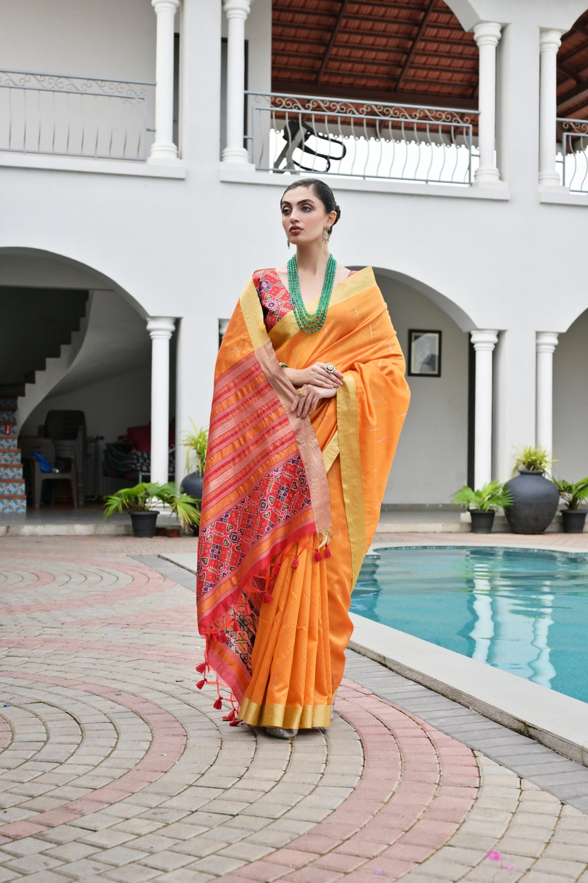 Jyoti Fashion Women's Orange Khadi Raw Silk Meena Weaving Patola Saree with Blouse | Grocsy