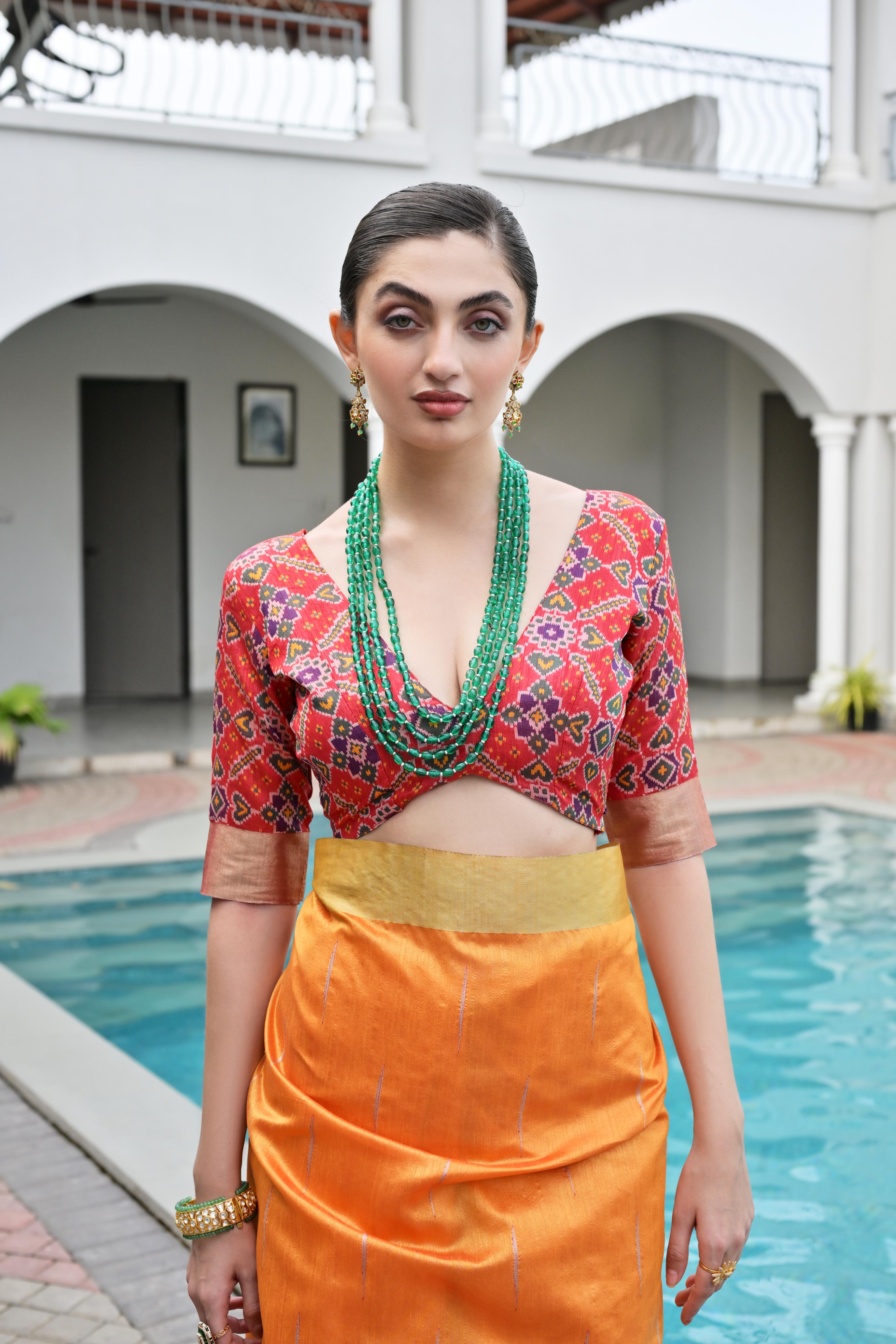 Jyoti Fashion Women's Orange Khadi Raw Silk Meena Weaving Patola Saree with Blouse | Grocsy