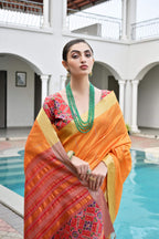 Jyoti Fashion Women's Orange Khadi Raw Silk Meena Weaving Patola Saree with Blouse | Grocsy