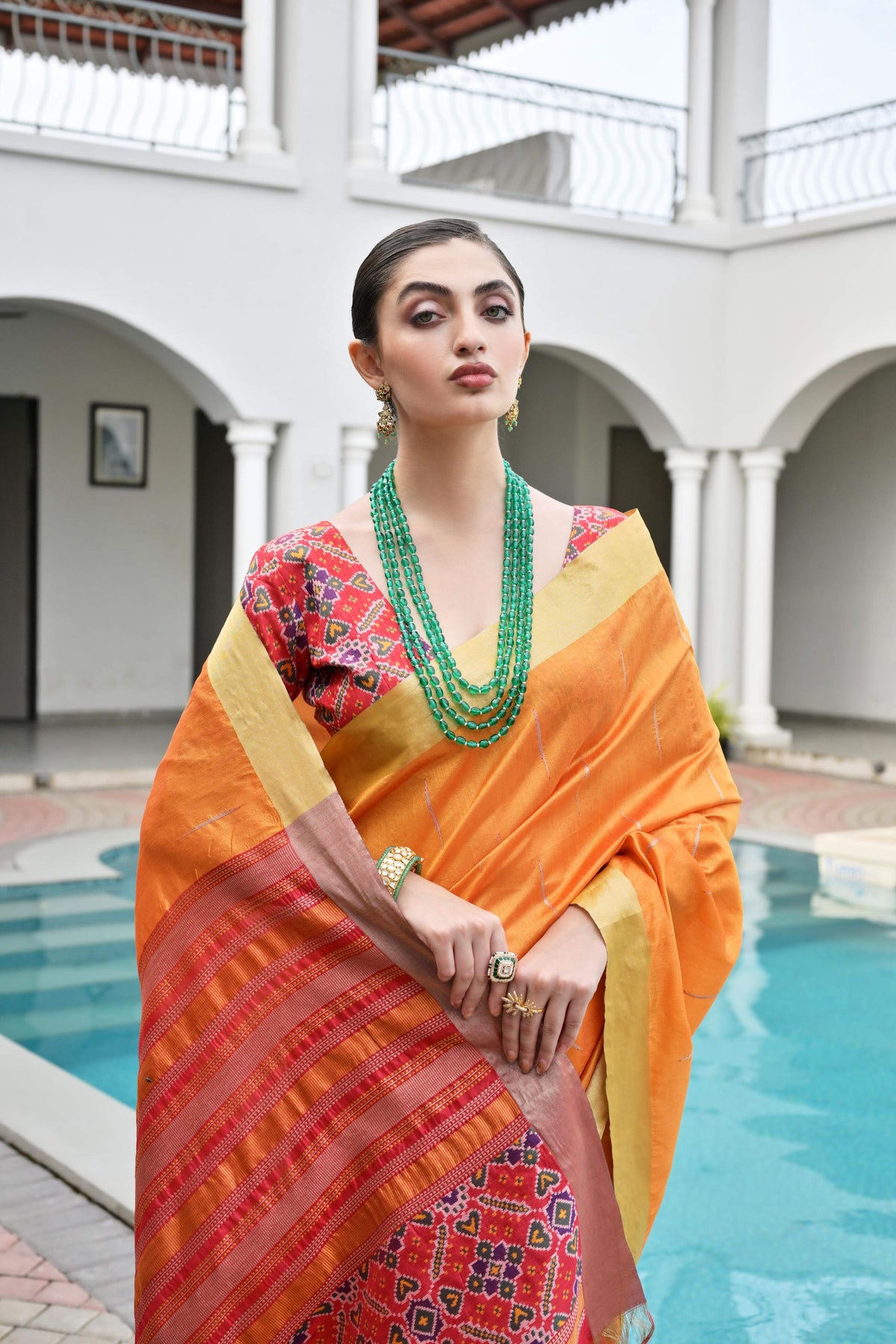 Jyoti Fashion Women's Orange Khadi Raw Silk Meena Weaving Patola Saree with Blouse | Grocsy
