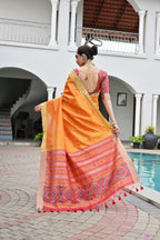 Jyoti Fashion Women's Orange Khadi Raw Silk Meena Weaving Patola Saree with Blouse | Grocsy
