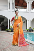 Jyoti Fashion Women's Orange Khadi Raw Silk Meena Weaving Patola Saree with Blouse | Grocsy