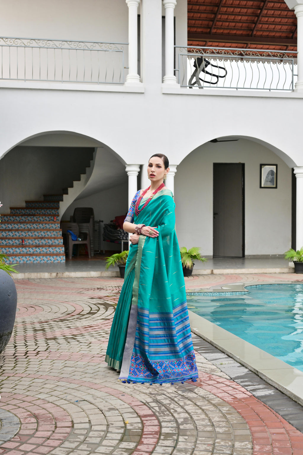 Jyoti Fashion Women's Firozi Khadi Raw Silk Meena Weaving Patola Saree with Blouse | Grocsy