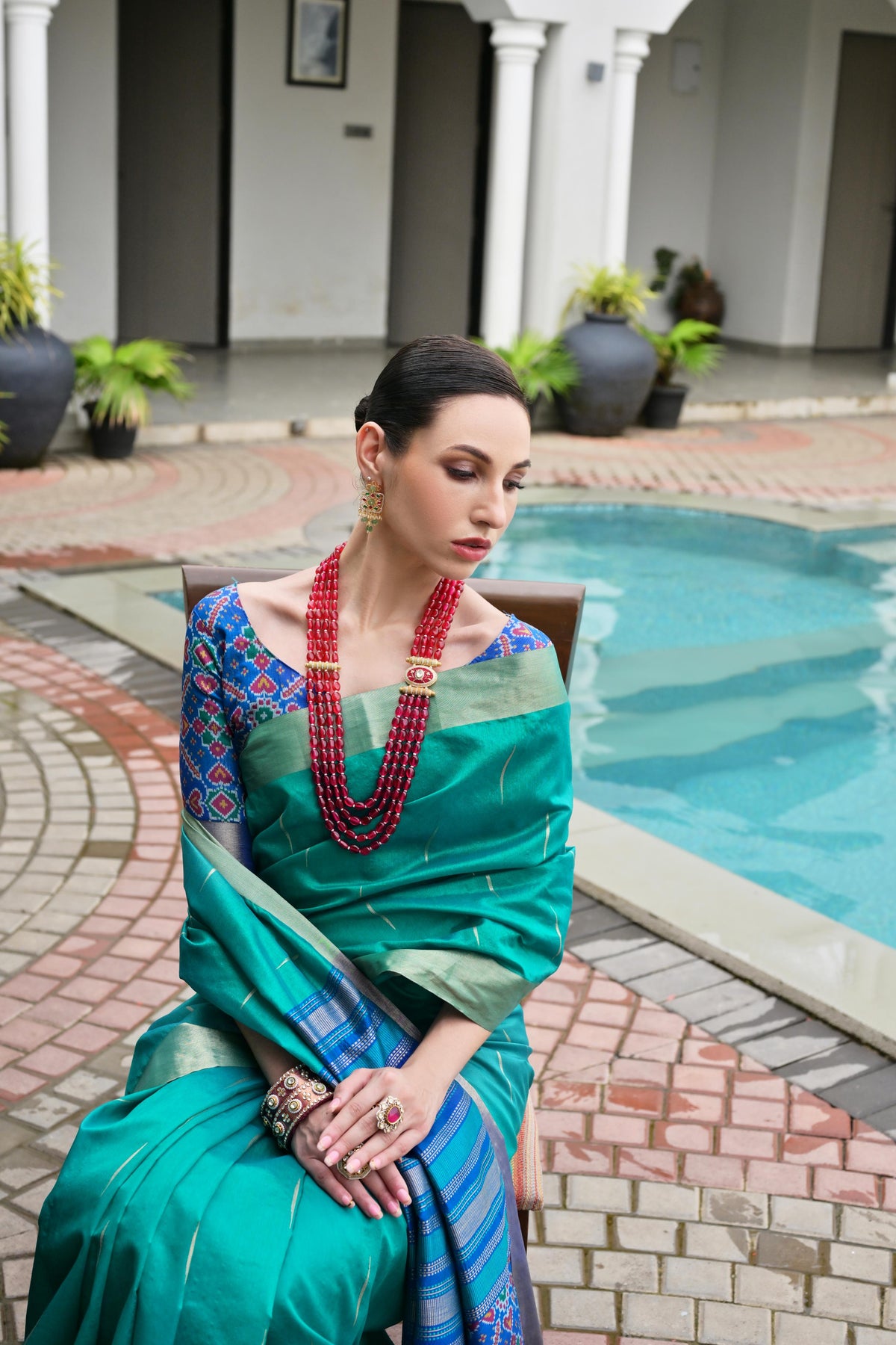 Jyoti Fashion Women's Firozi Khadi Raw Silk Meena Weaving Patola Saree with Blouse | Grocsy