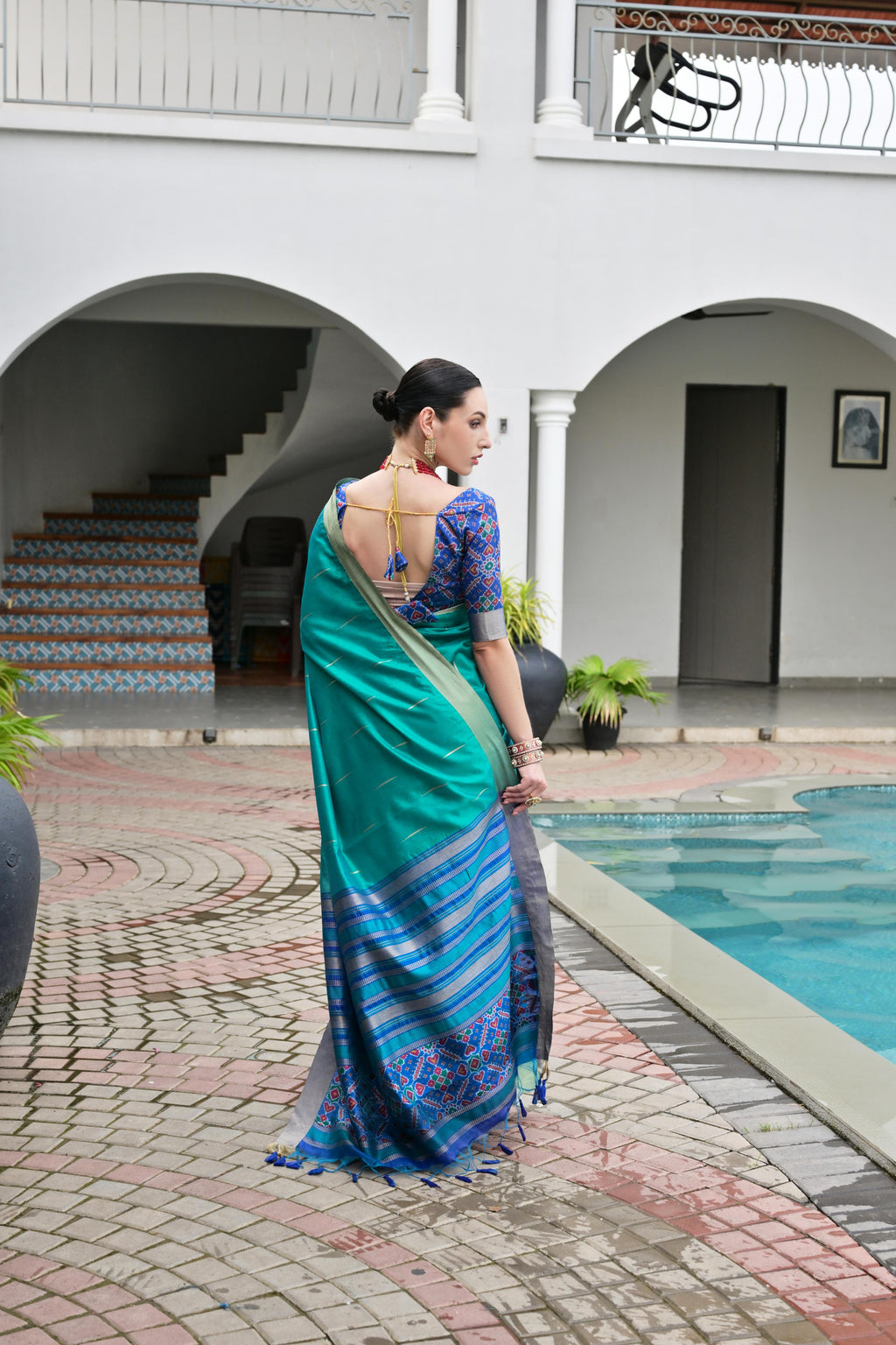 Jyoti Fashion Women's Firozi Khadi Raw Silk Meena Weaving Patola Saree with Blouse | Grocsy