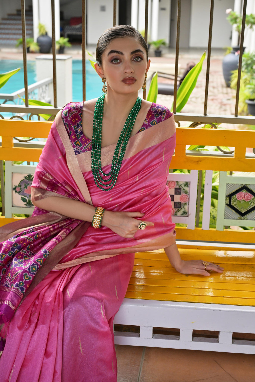 Jyoti Fashion Women's Pink Khadi Raw Silk Meena Weaving Patola Saree with Blouse | Grocsy