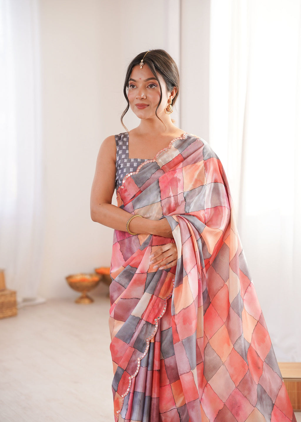 Jyoti Fashion Women's Multicolor Chinon Digital Printed Designer Saree with Blouse | Grocsy