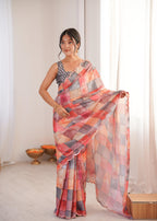 Jyoti Fashion Women's Multicolor Chinon Digital Printed Designer Saree with Blouse | Grocsy