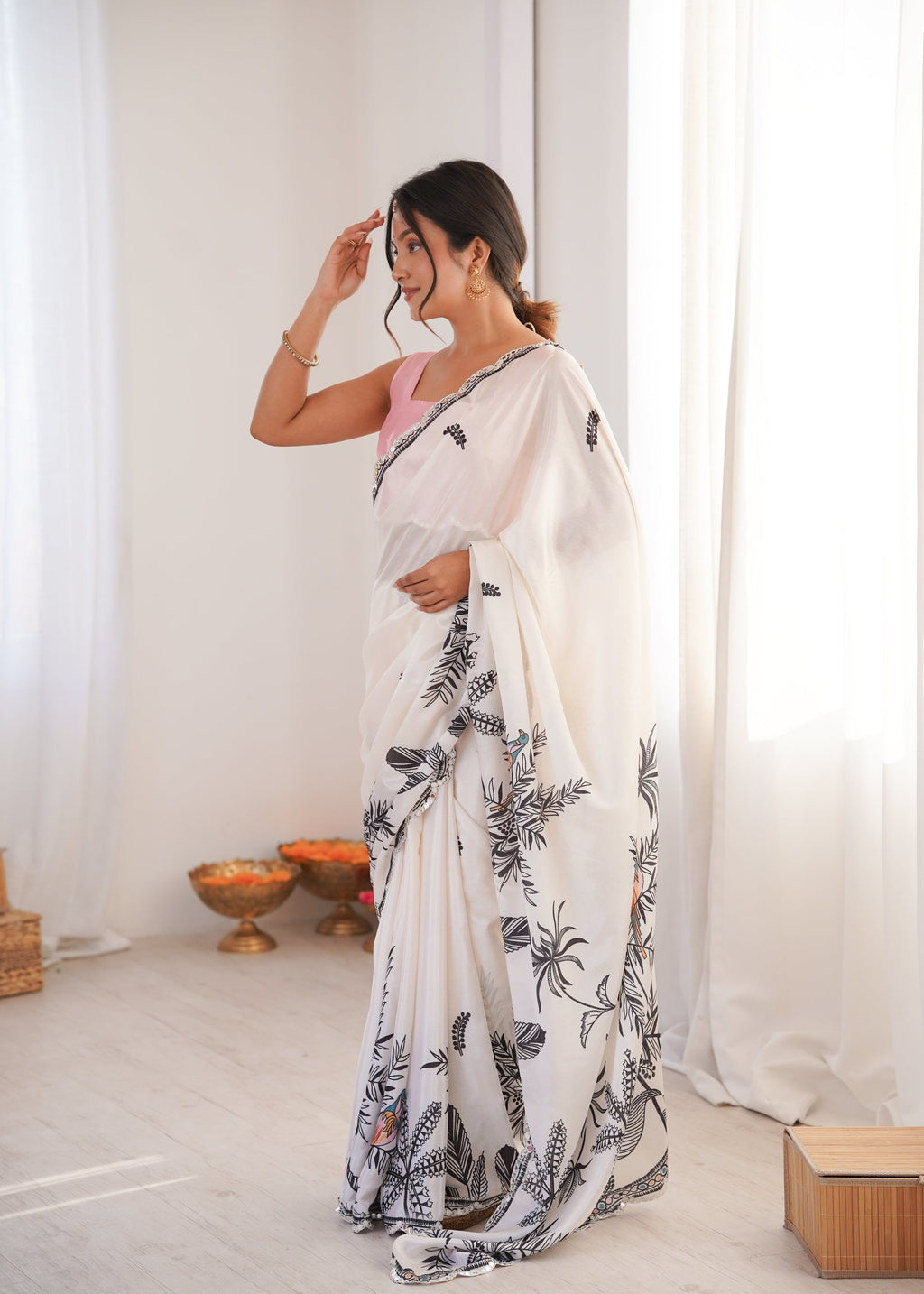 Jyoti Fashion Women's White Chinon Digital Printed Designer Saree with Blouse | Grocsy