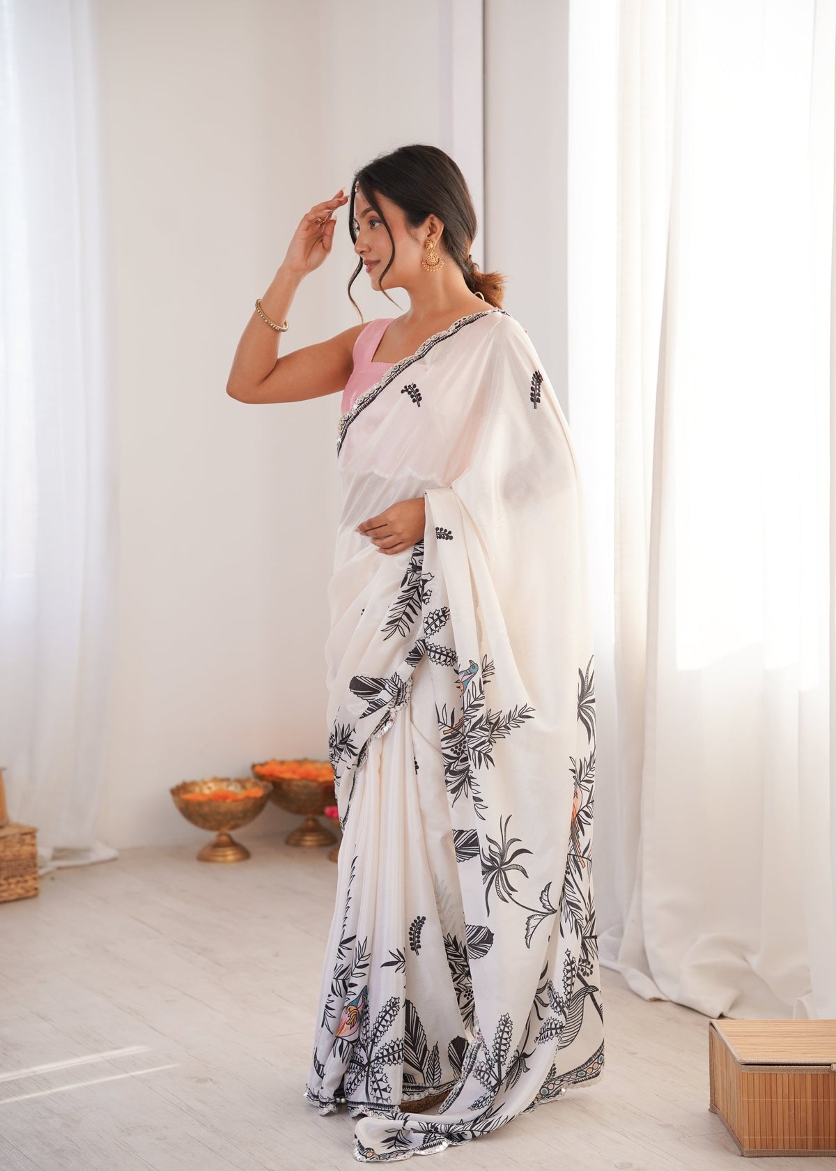 Jyoti Fashion Women's White Chinon Digital Printed Designer Saree with Blouse | Grocsy