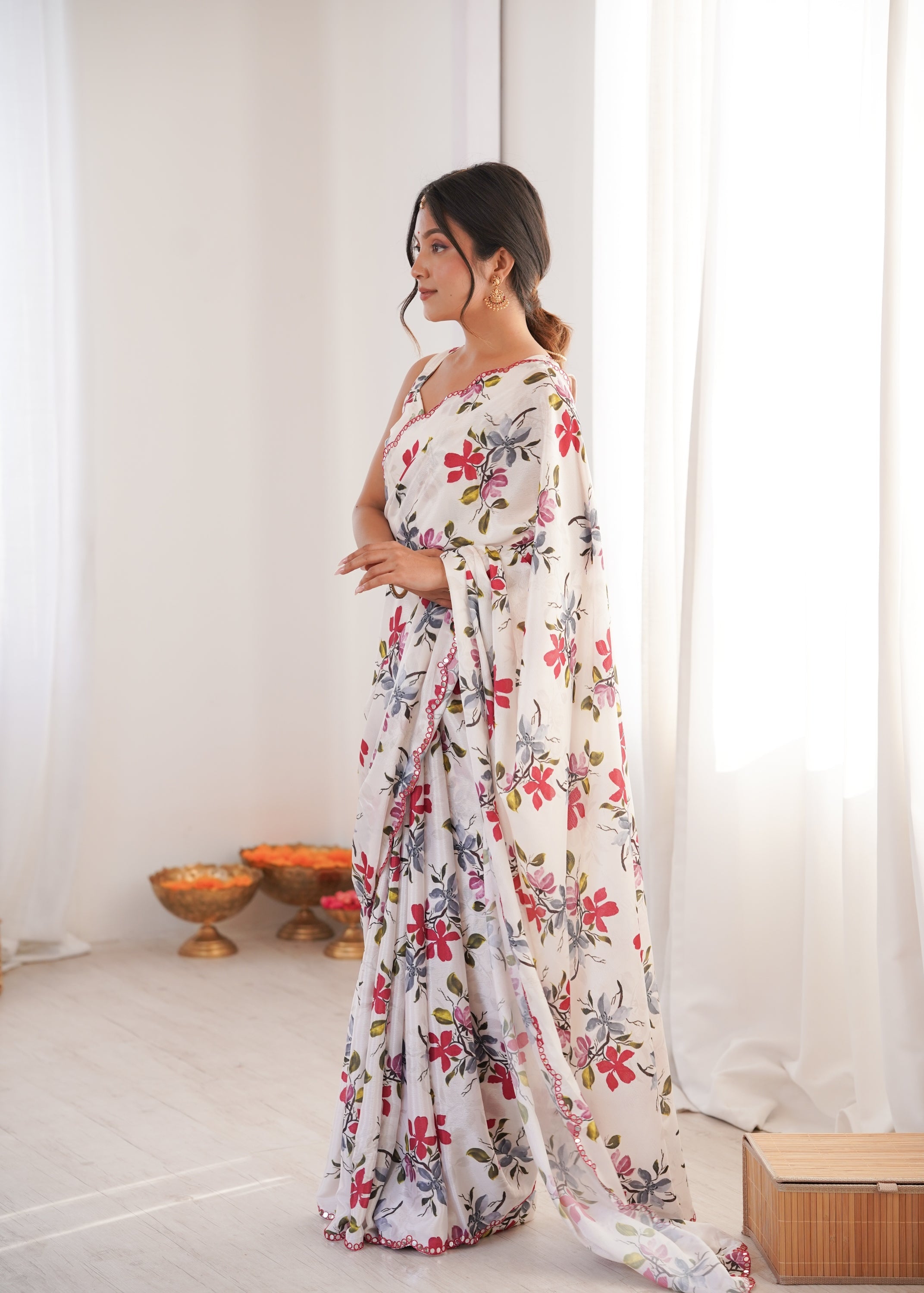 Jyoti Fashion Women's Multicolor Chinon Digital Printed Designer Saree with Blouse | Grocsy