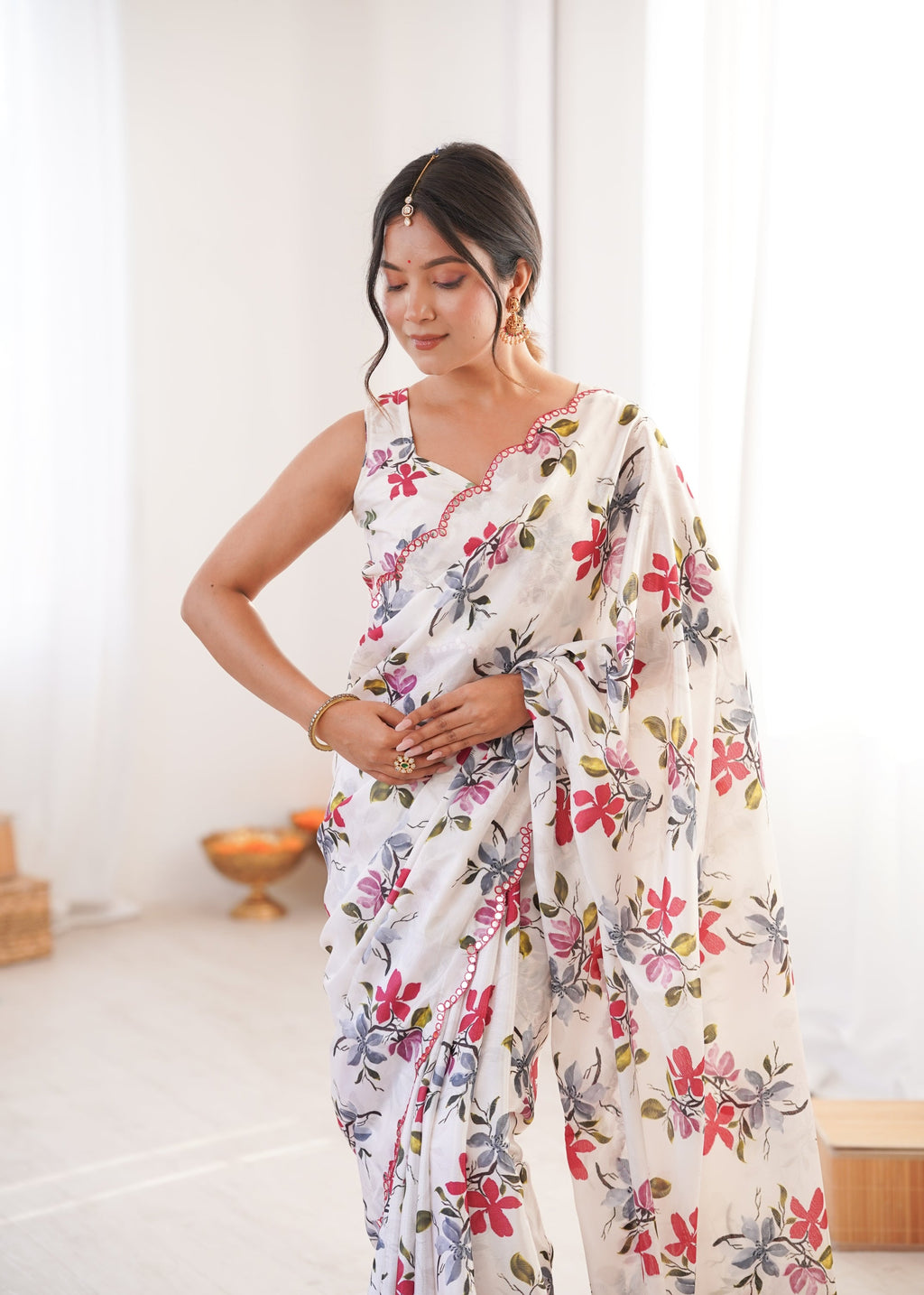 Jyoti Fashion Women's Multicolor Chinon Digital Printed Designer Saree with Blouse | Grocsy