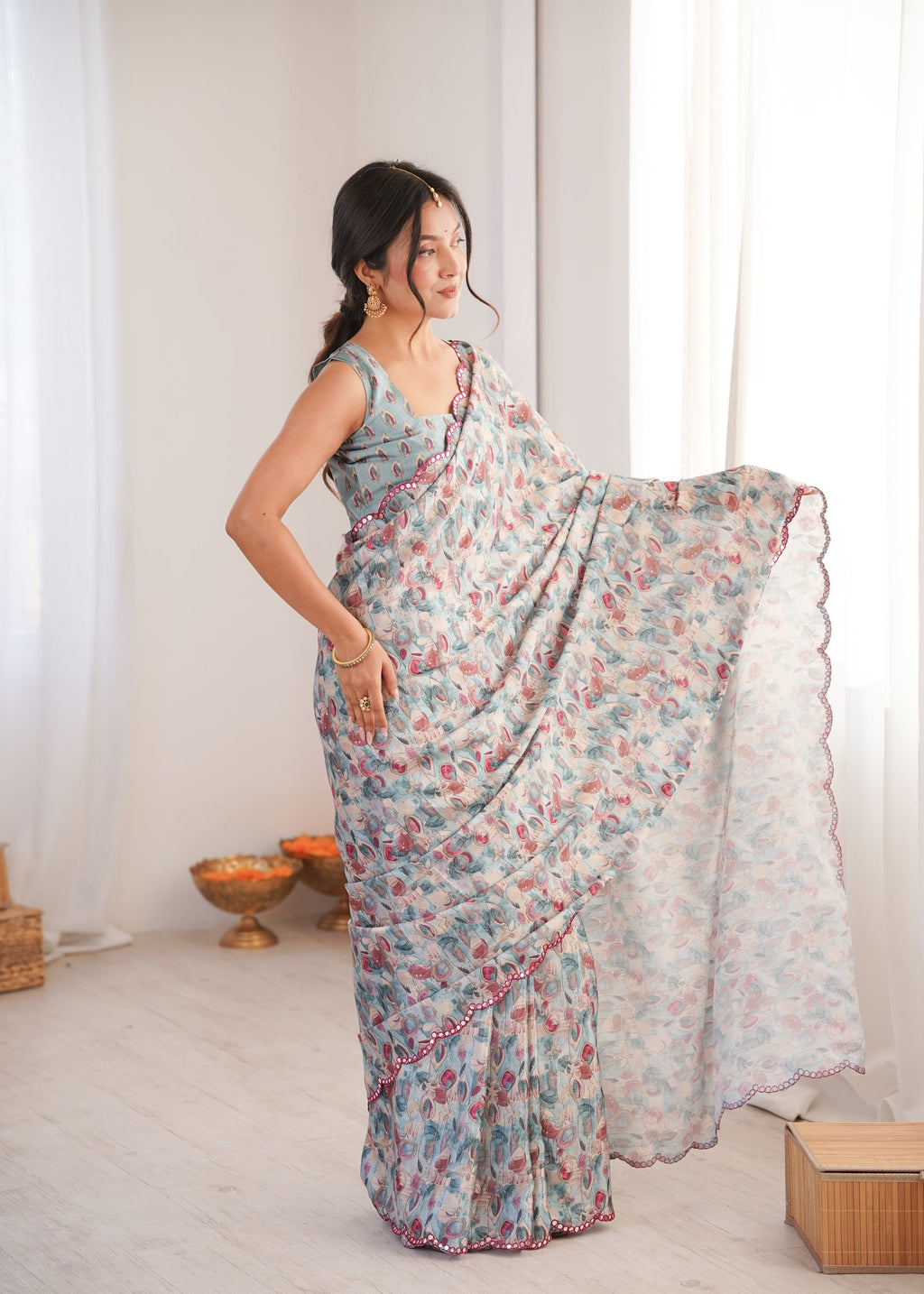 Jyoti Fashion Women's Grey Chinon Digital Printed Designer Saree with Blouse | Grocsy