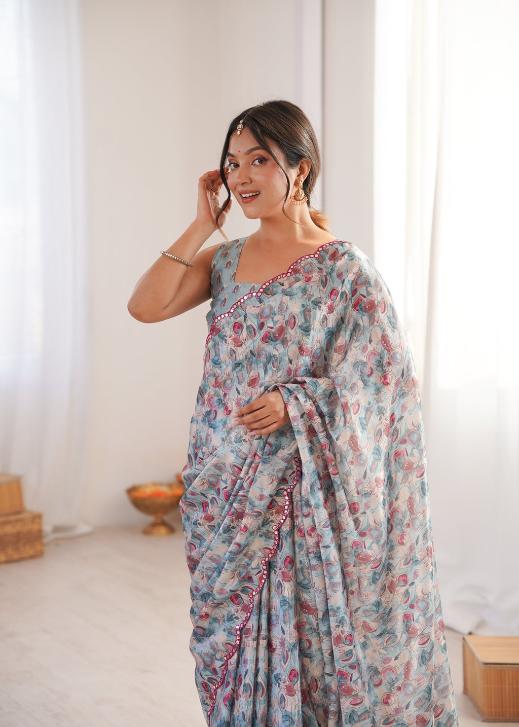 Jyoti Fashion Women's Grey Chinon Digital Printed Designer Saree with Blouse | Grocsy