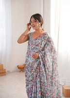 Jyoti Fashion Women's Grey Chinon Digital Printed Designer Saree with Blouse | Grocsy