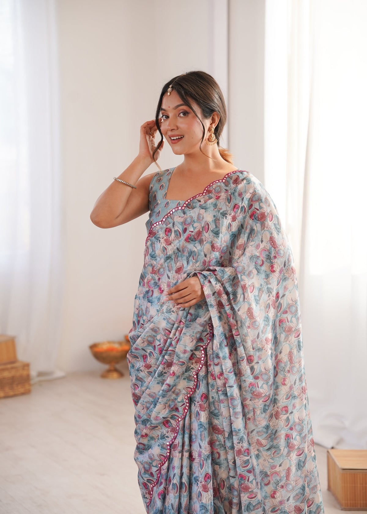Jyoti Fashion Women's Grey Chinon Digital Printed Designer Saree with Blouse | Grocsy