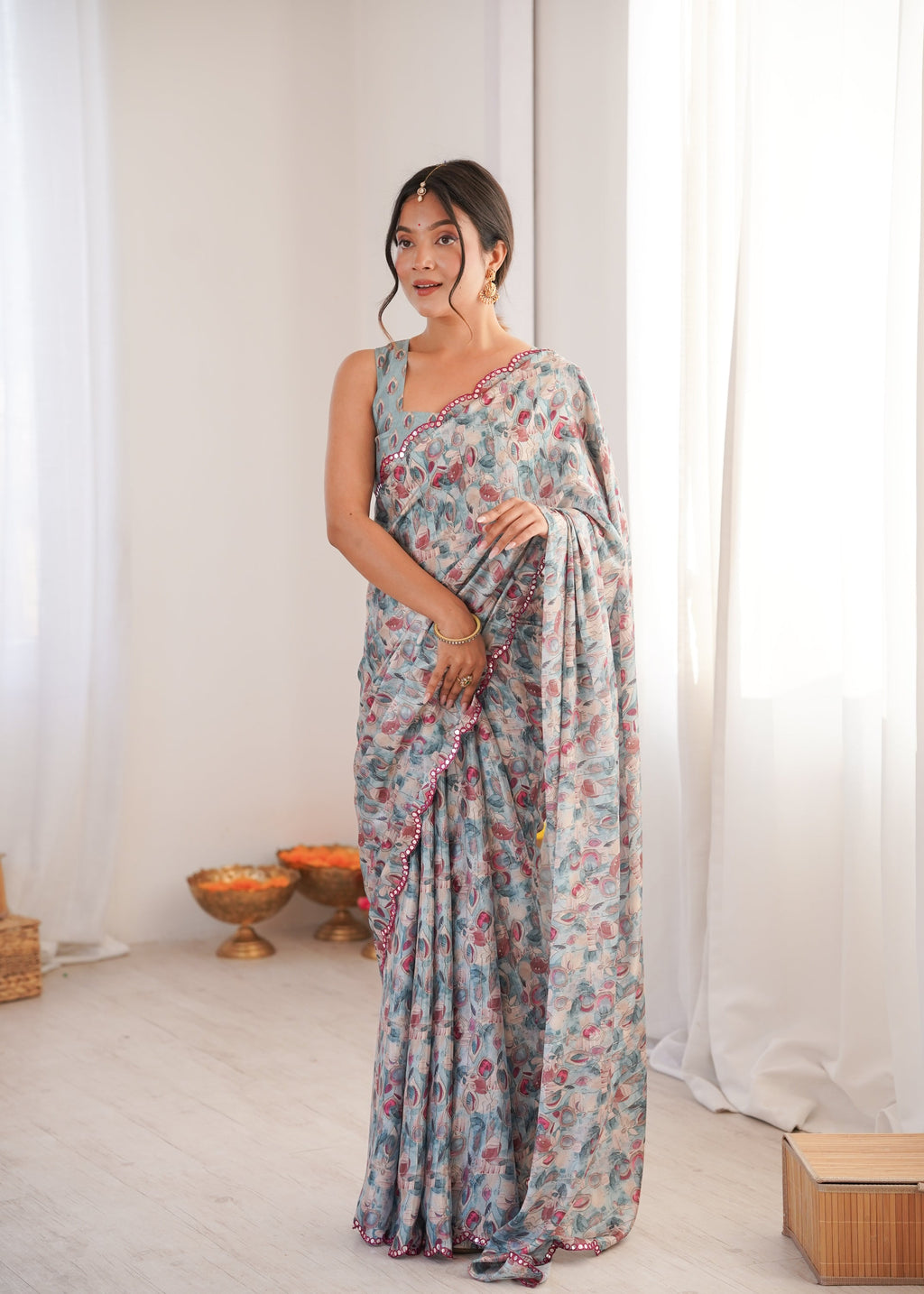 Jyoti Fashion Women's Grey Chinon Digital Printed Designer Saree with Blouse | Grocsy