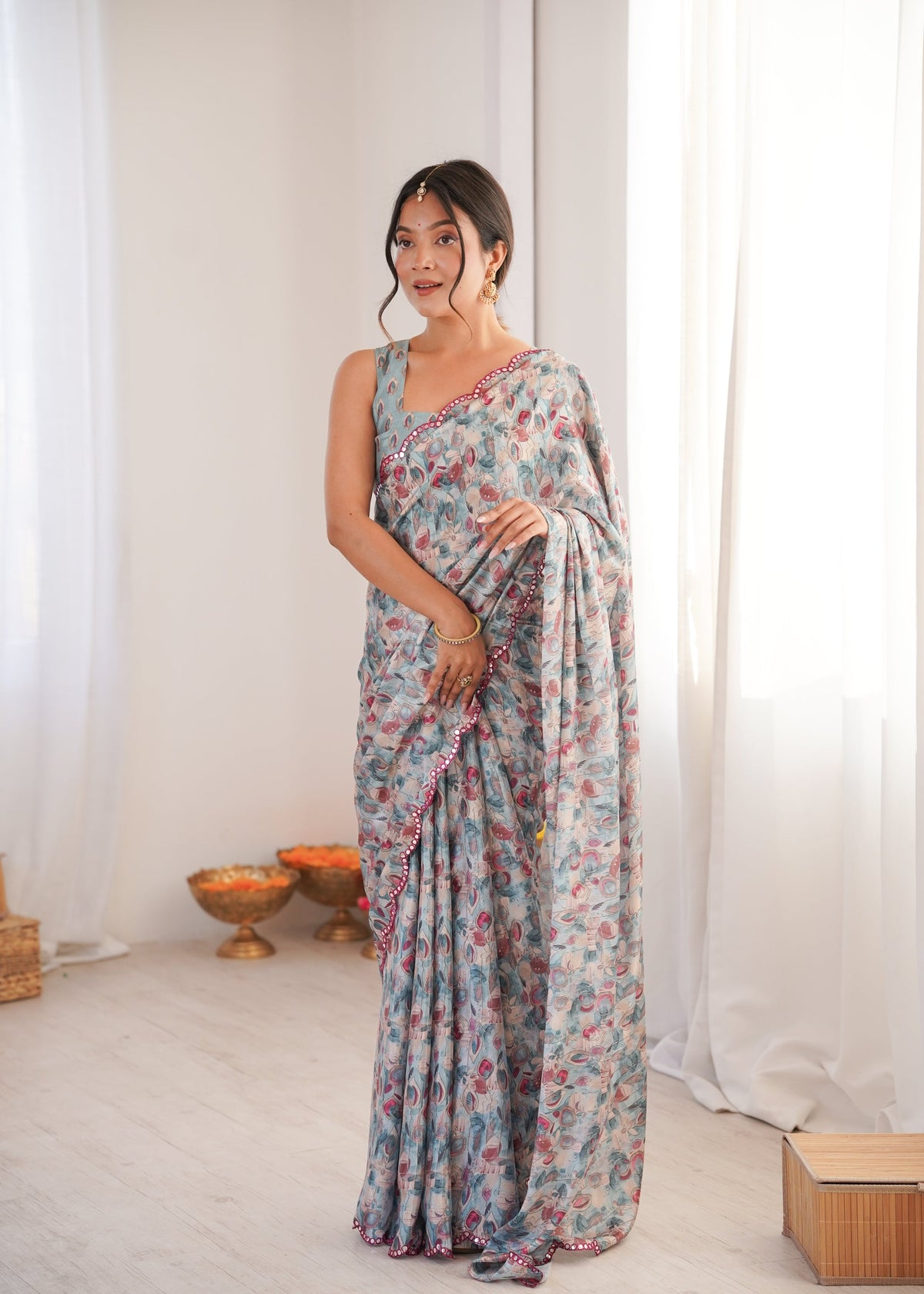 Jyoti Fashion Women's Grey Chinon Digital Printed Designer Saree with Blouse | Grocsy
