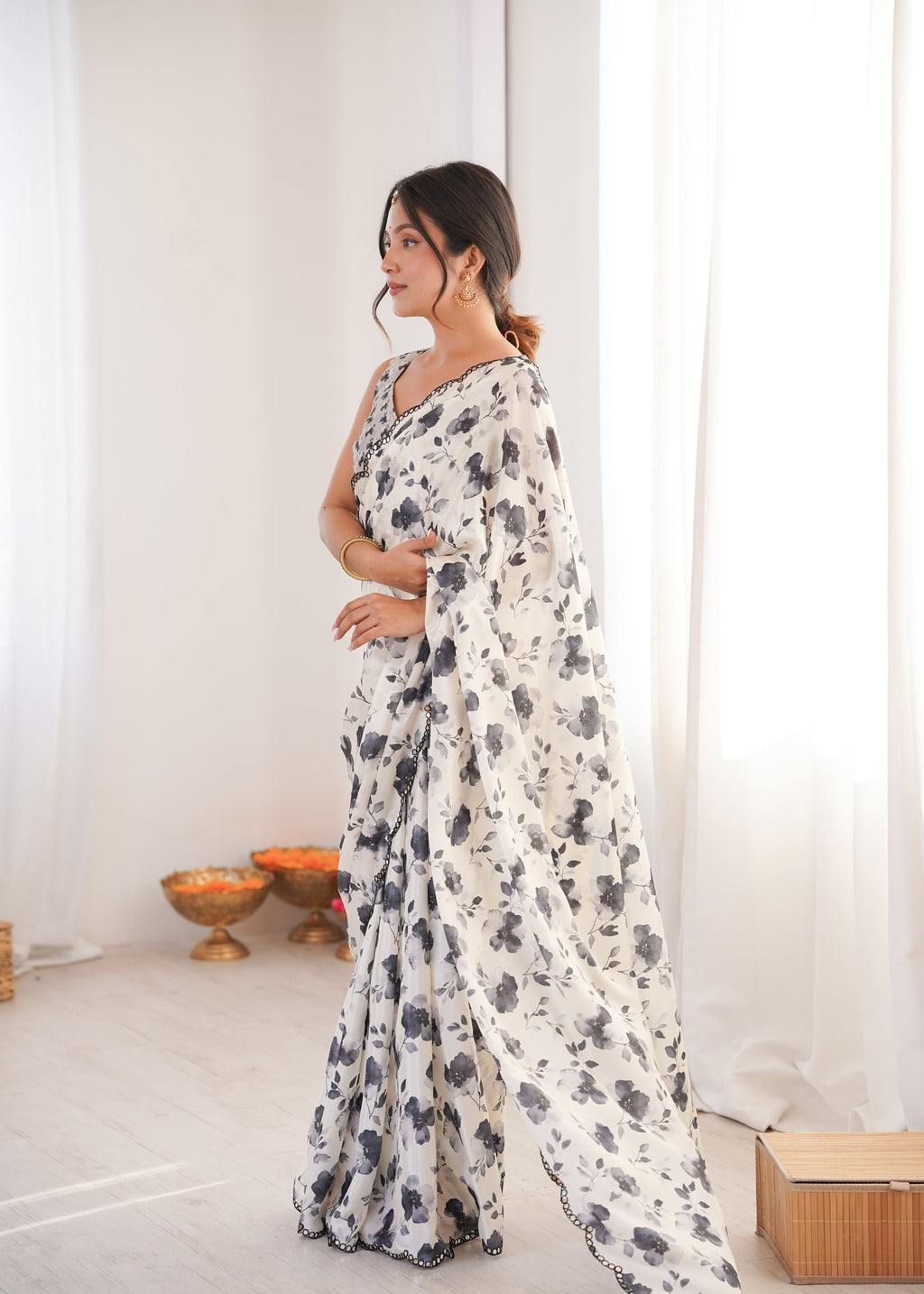Jyoti Fashion Women's Off White Chinon Digital Printed Designer Saree with Blouse | Grocsy