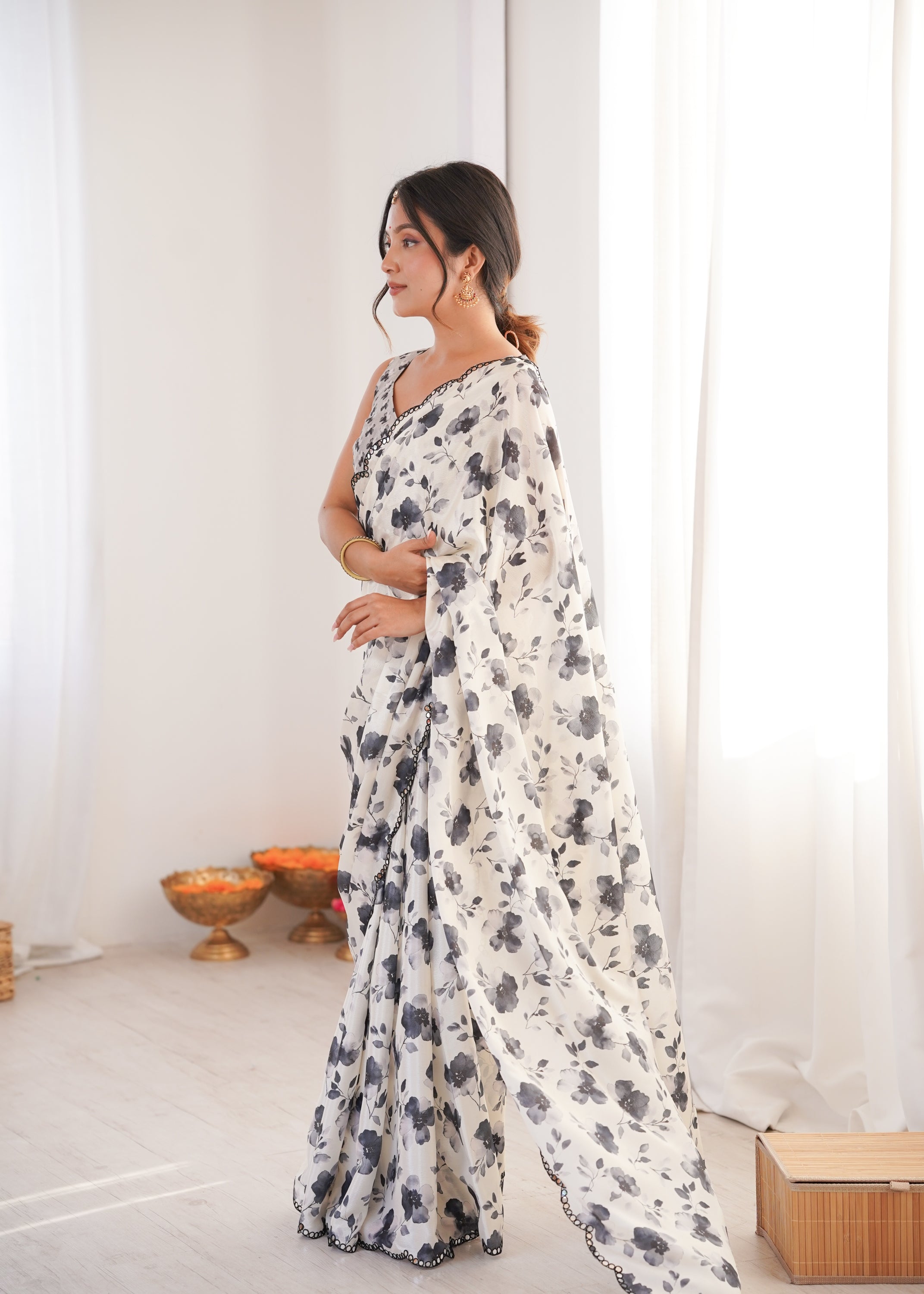 Jyoti Fashion Women's Off White Chinon Digital Printed Designer Saree with Blouse | Grocsy