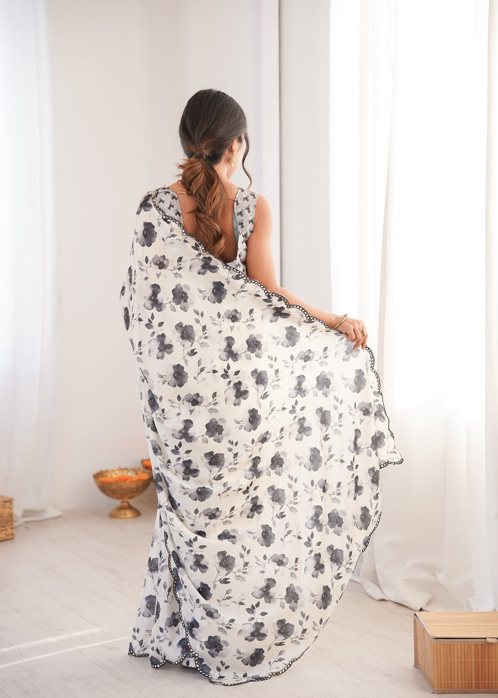 Jyoti Fashion Women's Off White Chinon Digital Printed Designer Saree with Blouse | Grocsy