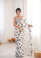 Jyoti Fashion Women's Off White Chinon Digital Printed Designer Saree with Blouse | Grocsy