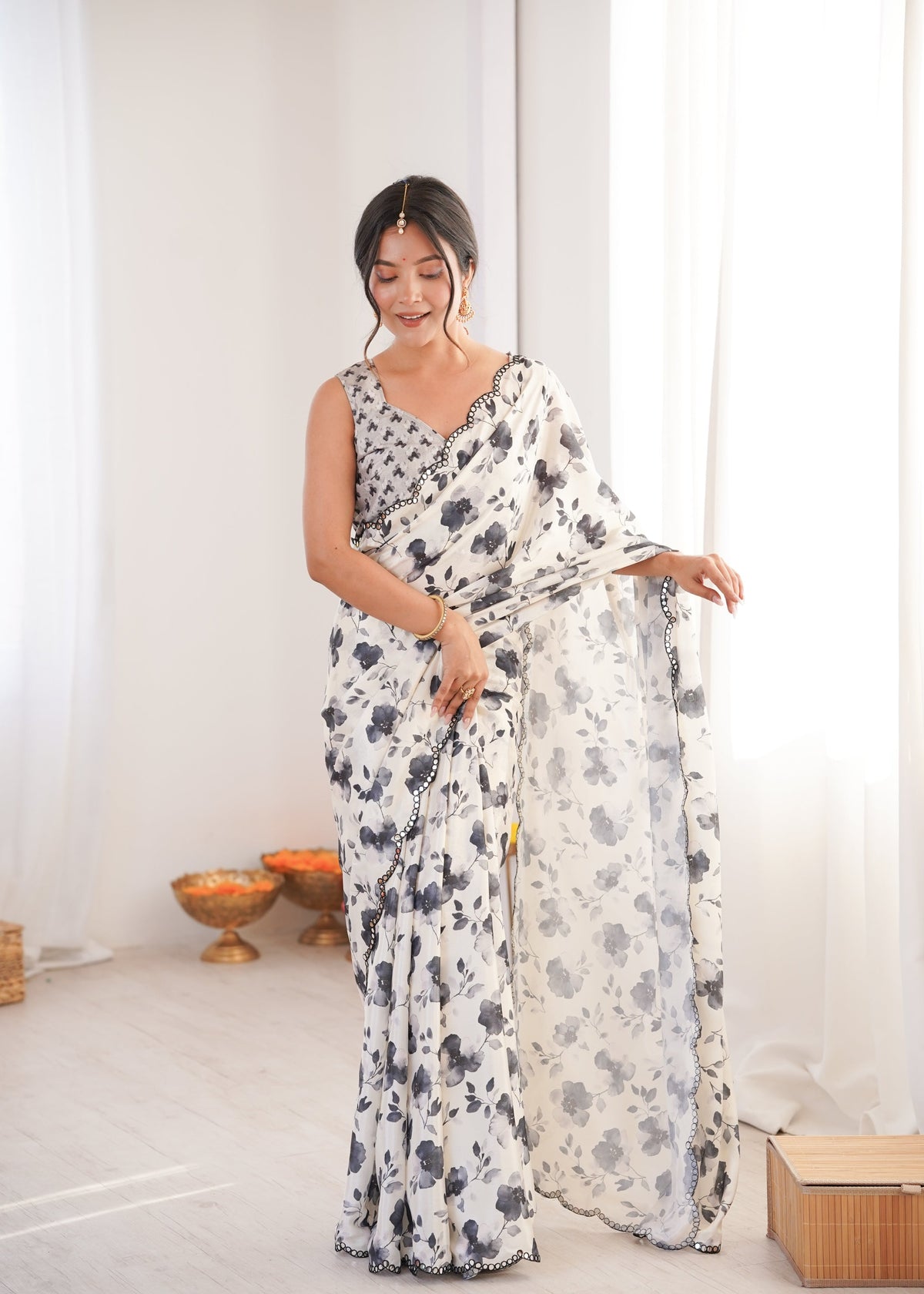 Jyoti Fashion Women's Off White Chinon Digital Printed Designer Saree with Blouse | Grocsy