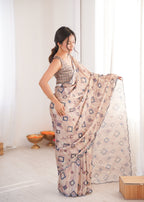 Jyoti Fashion Women's Beige Chinon Digital Printed Designer Saree with Blouse | Grocsy