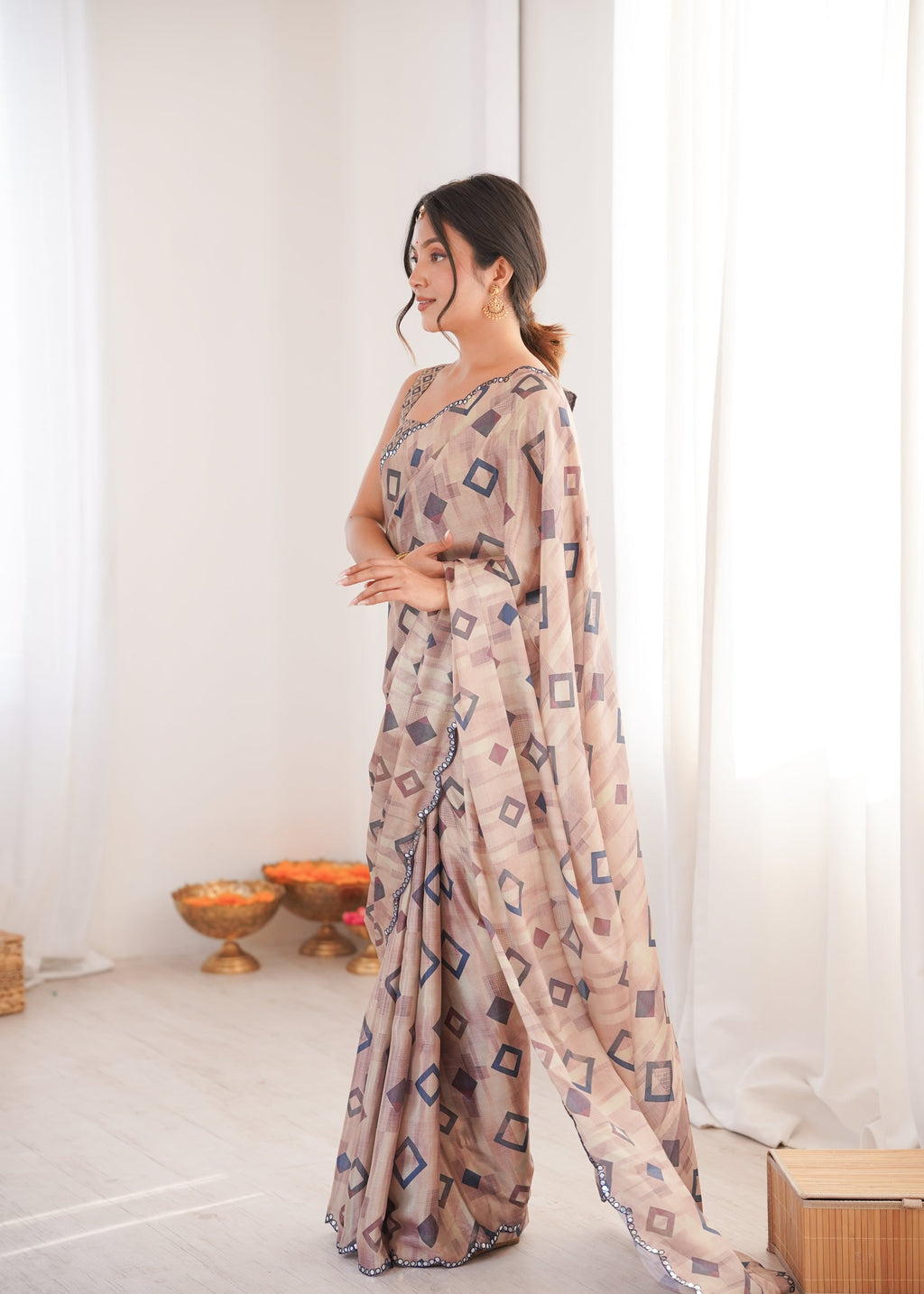 Jyoti Fashion Women's Beige Chinon Digital Printed Designer Saree with Blouse | Grocsy