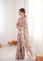 Jyoti Fashion Women's Beige Chinon Digital Printed Designer Saree with Blouse | Grocsy