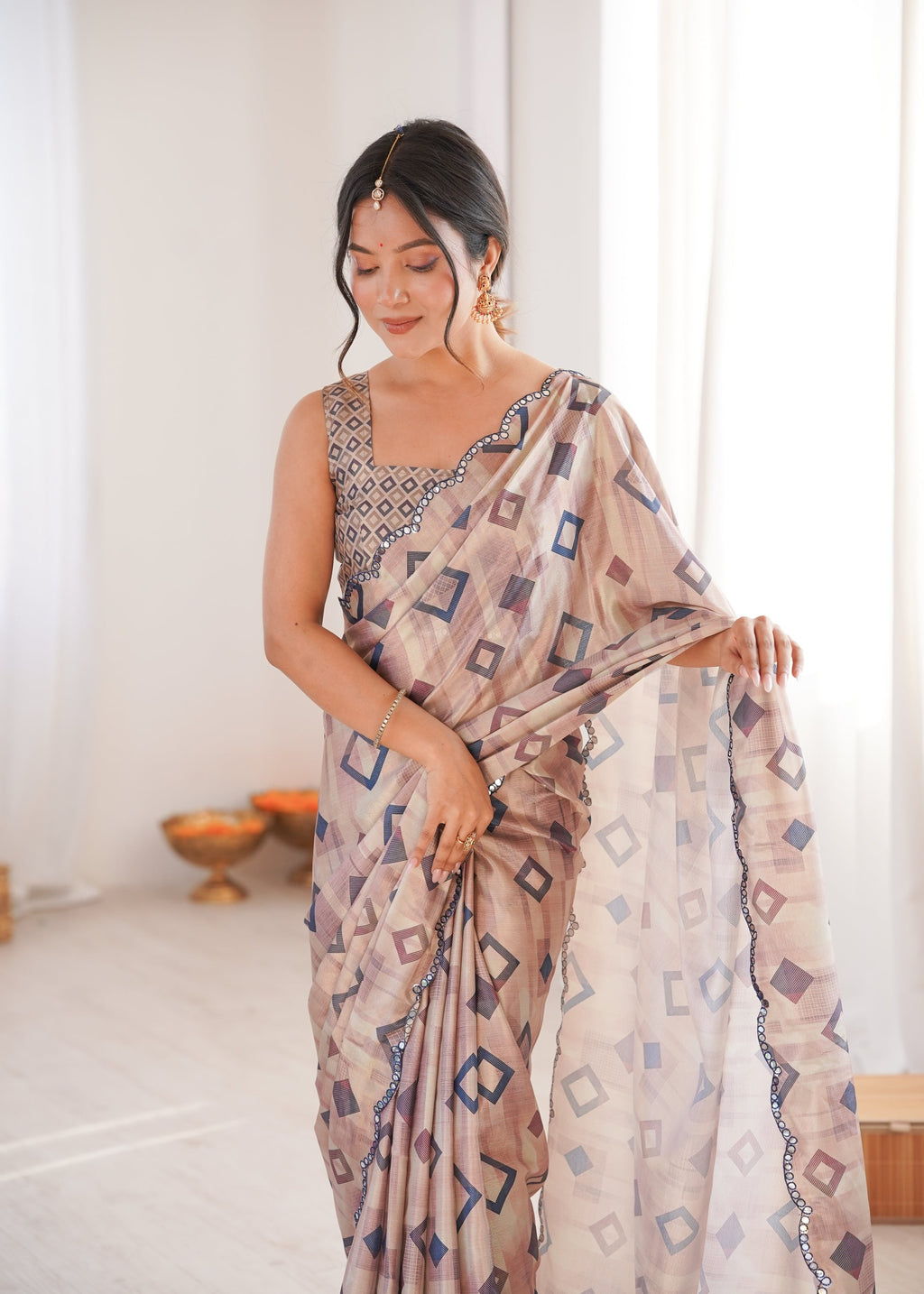 Jyoti Fashion Women's Beige Chinon Digital Printed Designer Saree with Blouse | Grocsy