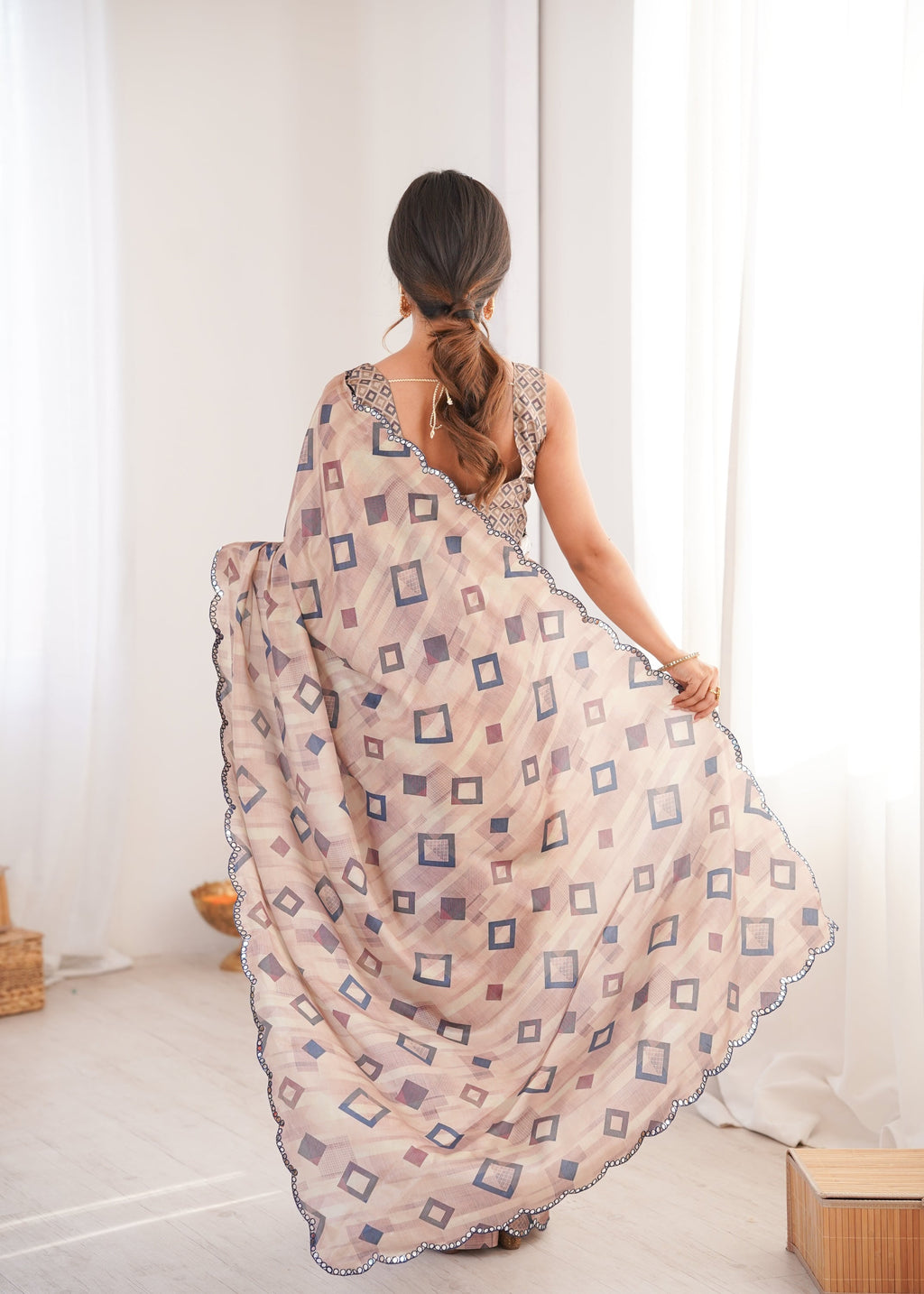 Jyoti Fashion Women's Beige Chinon Digital Printed Designer Saree with Blouse | Grocsy
