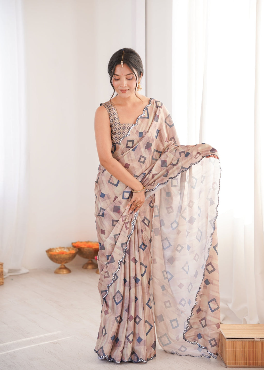 Jyoti Fashion Women's Beige Chinon Digital Printed Designer Saree with Blouse | Grocsy