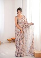 Jyoti Fashion Women's Beige Chinon Digital Printed Designer Saree with Blouse | Grocsy