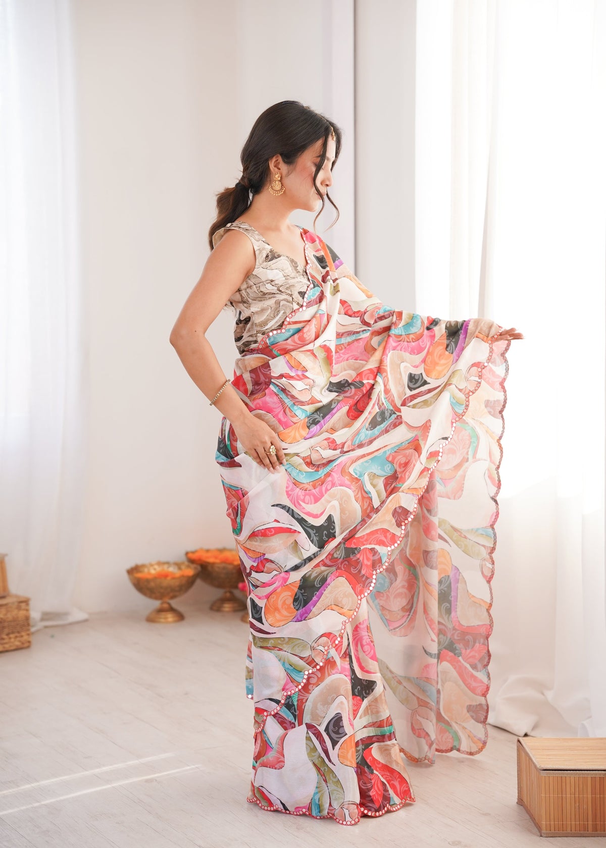 Jyoti Fashion Women's Multicolor Chinon Digital Printed Designer Saree with Blouse | Grocsy