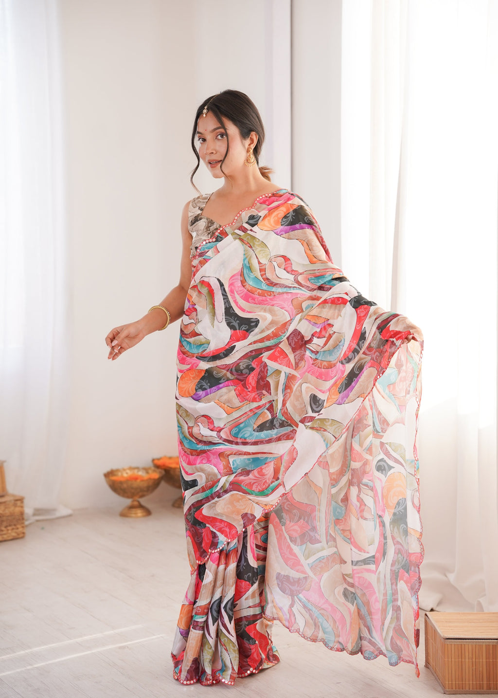 Jyoti Fashion Women's Multicolor Chinon Digital Printed Designer Saree with Blouse | Grocsy