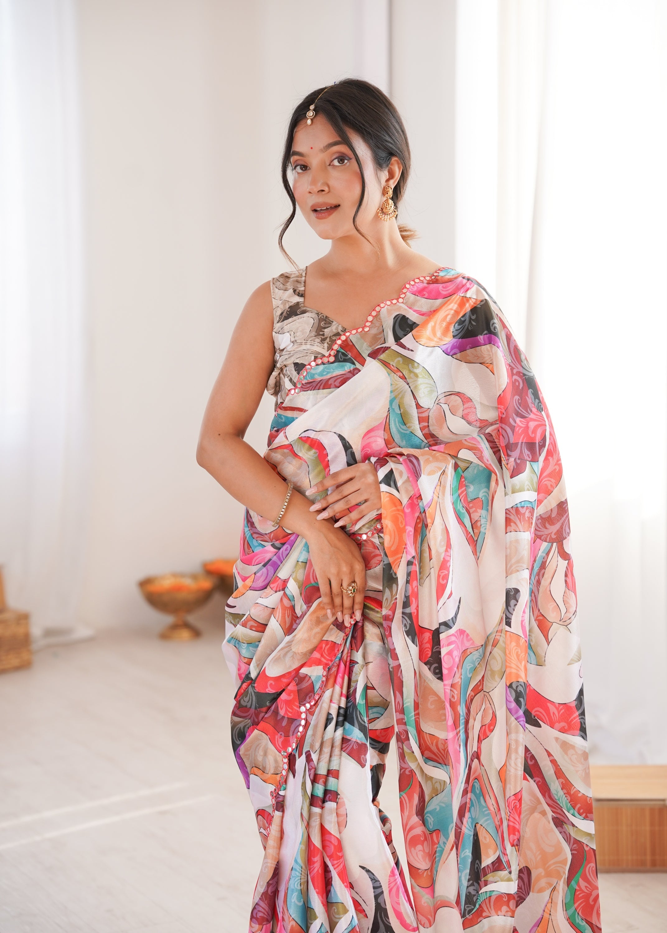 Jyoti Fashion Women's Multicolor Chinon Digital Printed Designer Saree with Blouse | Grocsy