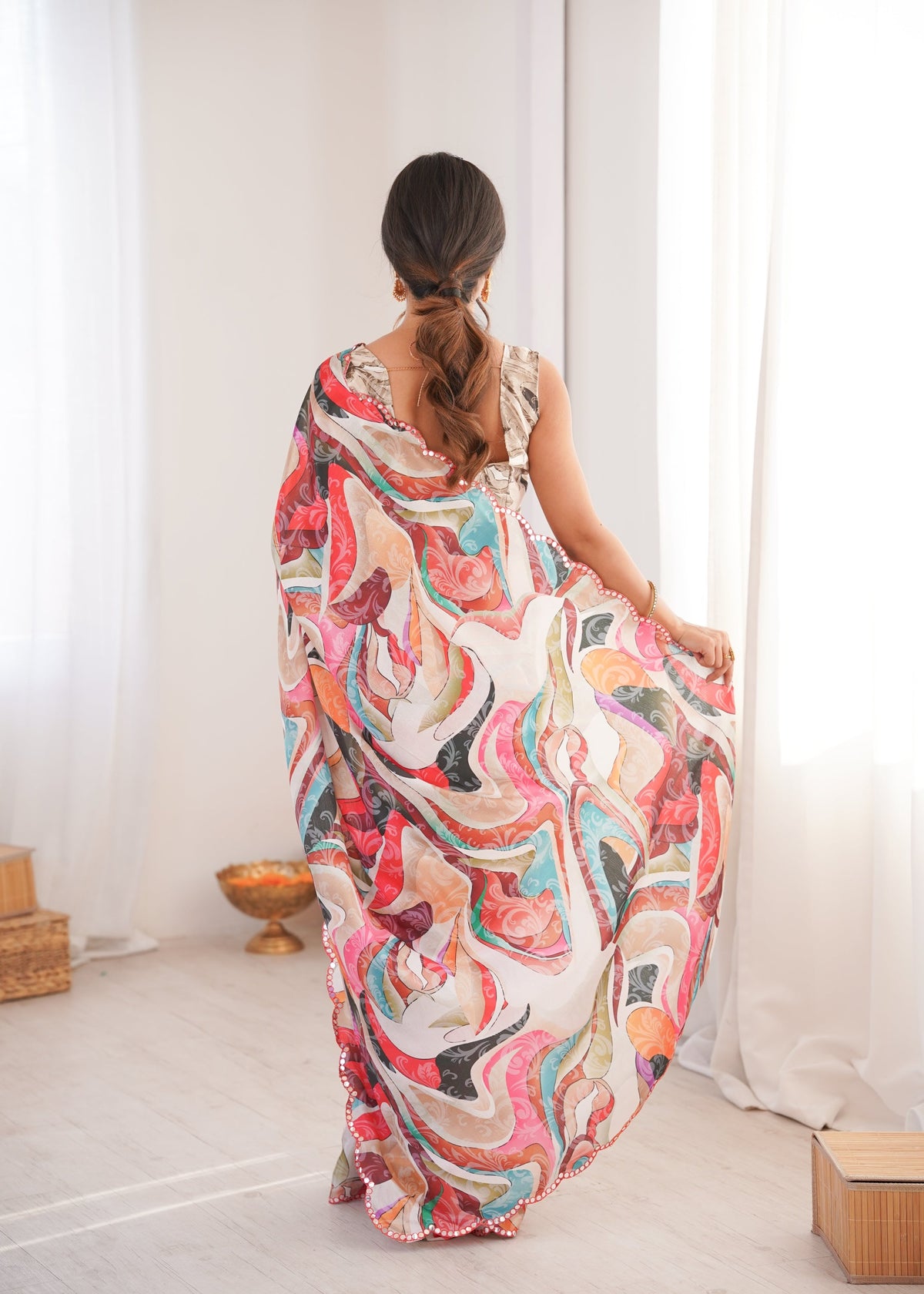Jyoti Fashion Women's Multicolor Chinon Digital Printed Designer Saree with Blouse | Grocsy