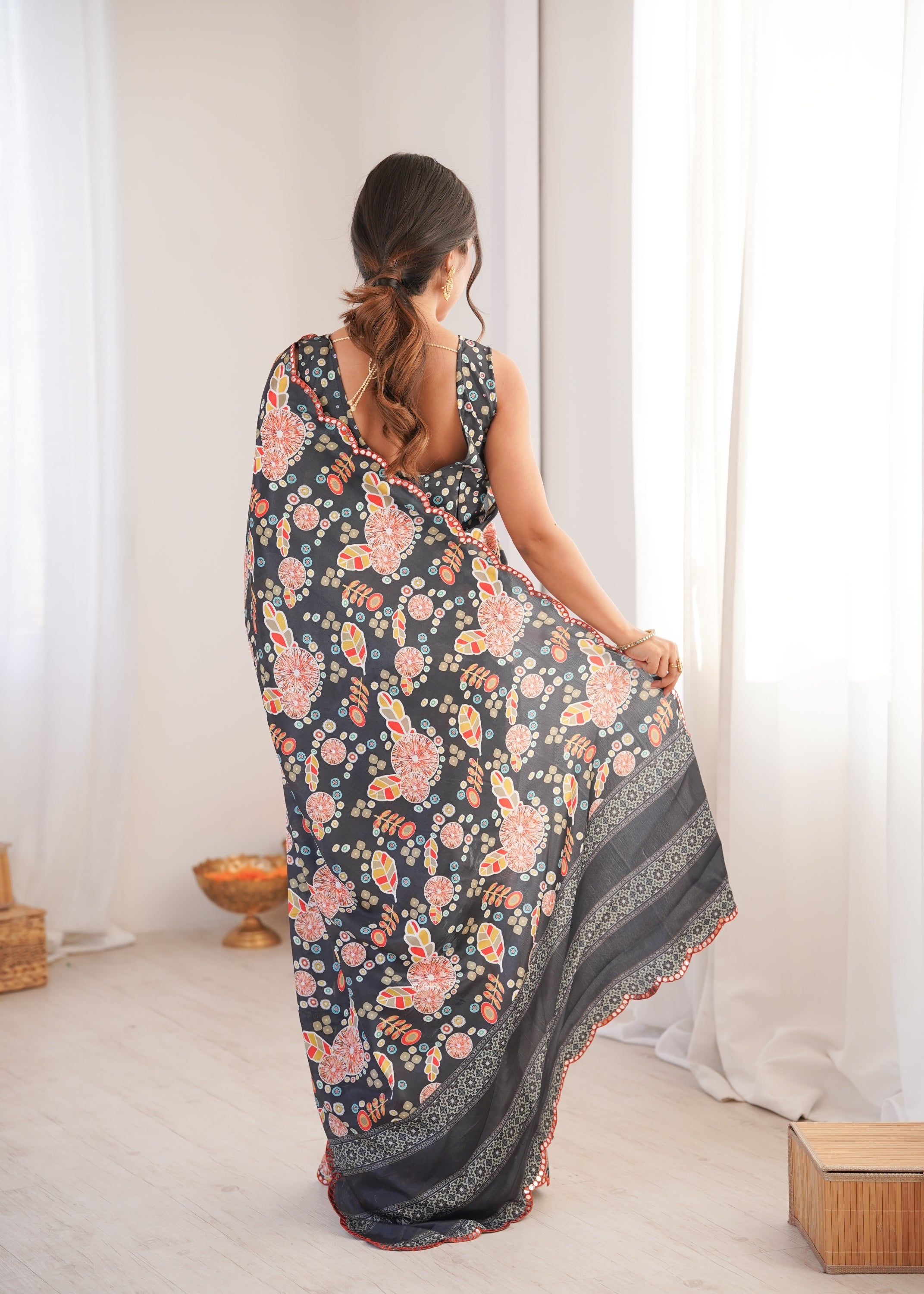 Jyoti Fashion Women's Black Chinon Digital Printed Designer Saree with Blouse | Grocsy