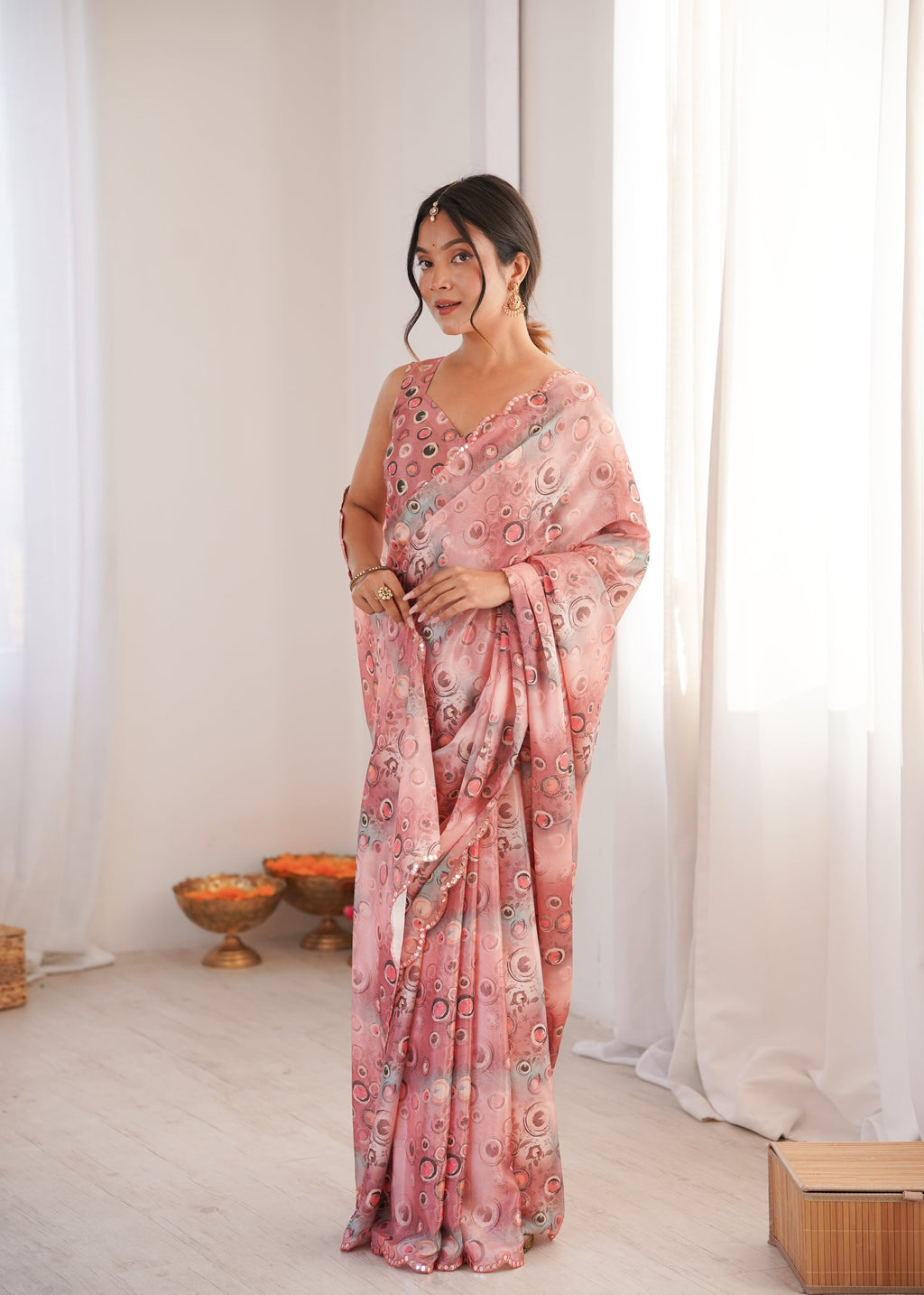 Jyoti Fashion Women's Peach Chinon Digital Printed Designer Saree with Blouse | Grocsy