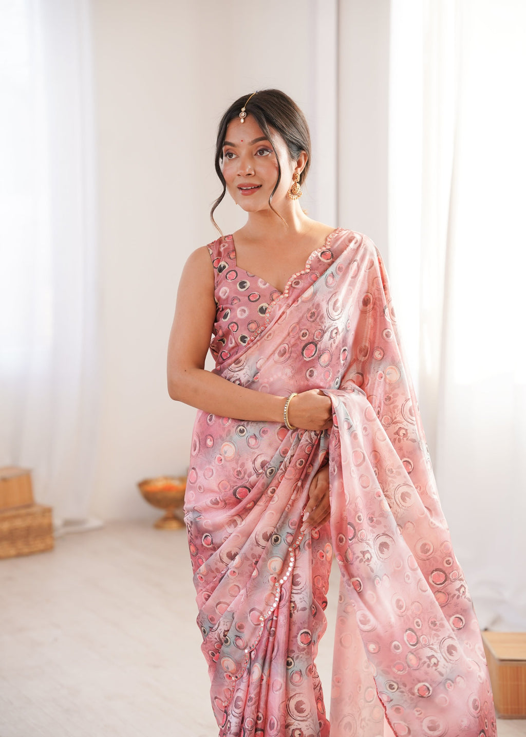 Jyoti Fashion Women's Peach Chinon Digital Printed Designer Saree with Blouse | Grocsy