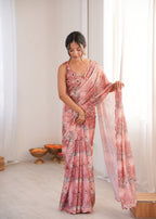 Jyoti Fashion Women's Peach Chinon Digital Printed Designer Saree with Blouse | Grocsy