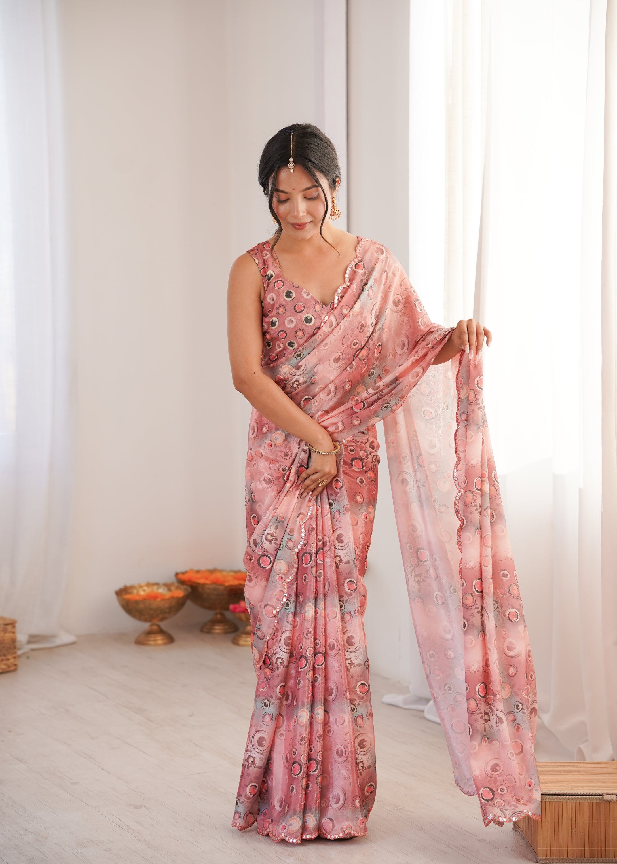 Jyoti Fashion Women's Peach Chinon Digital Printed Designer Saree with Blouse | Grocsy
