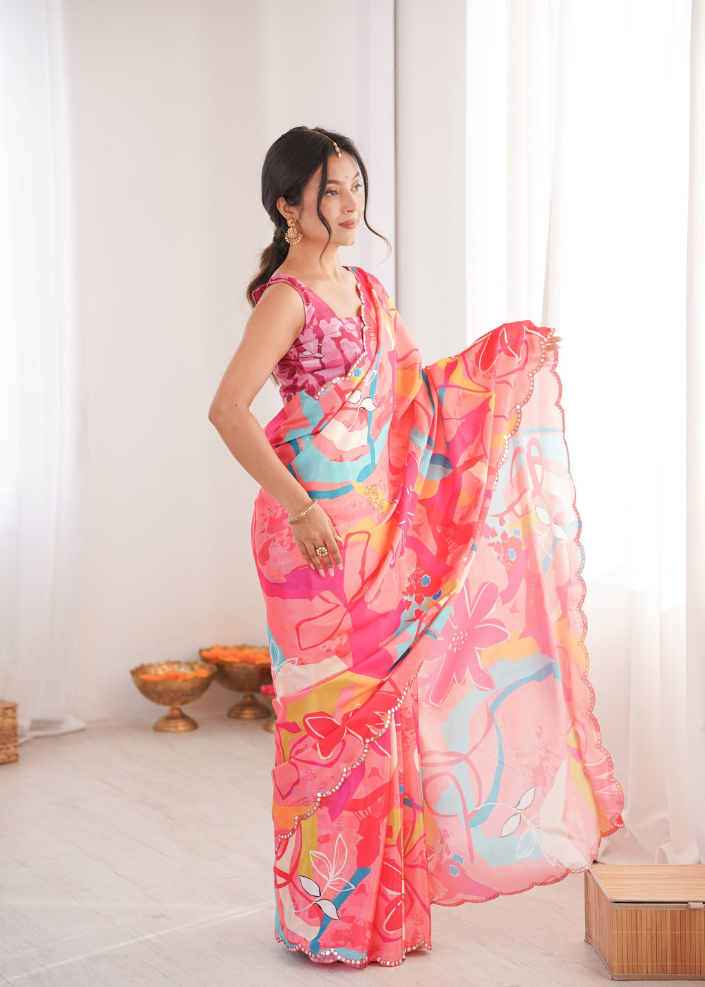 Jyoti Fashion Women's Multicolor Chinon Digital Printed Designer Saree with Blouse | Grocsy