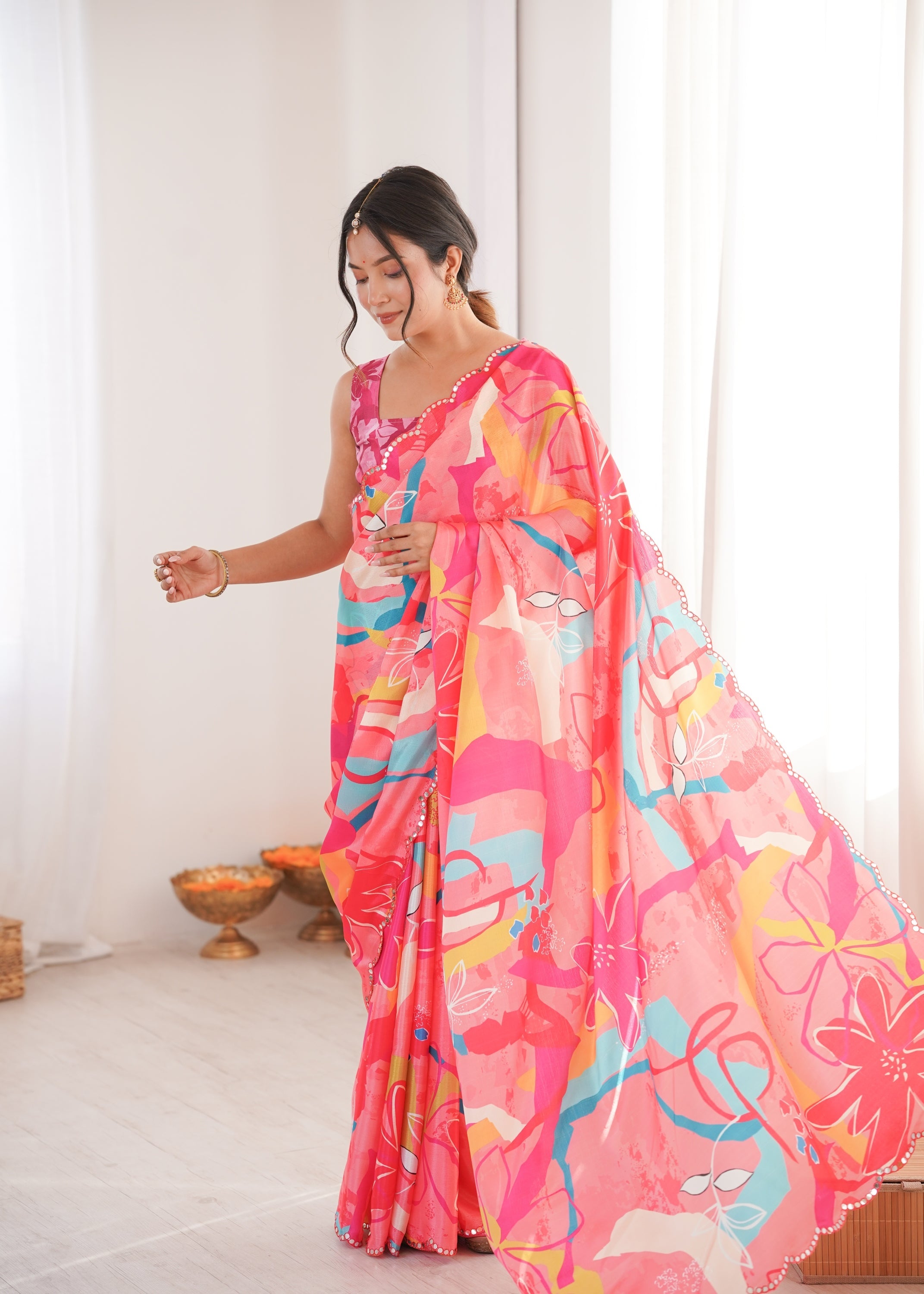Jyoti Fashion Women's Multicolor Chinon Digital Printed Designer Saree with Blouse | Grocsy