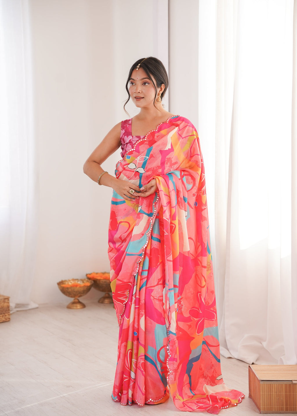 Jyoti Fashion Women's Multicolor Chinon Digital Printed Designer Saree with Blouse | Grocsy