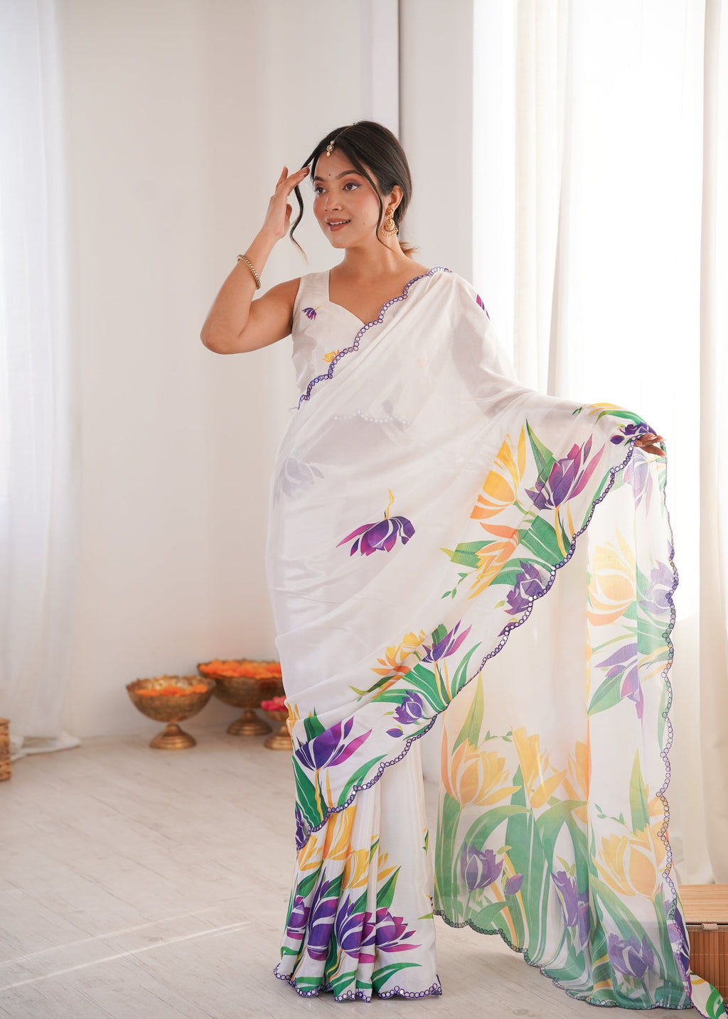 Jyoti Fashion Women's White Chinon Digital Printed Designer Saree with Blouse | Grocsy