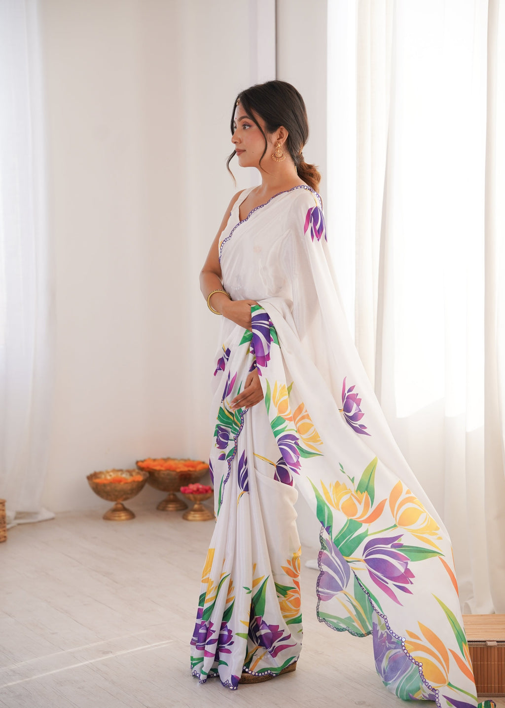 Jyoti Fashion Women's White Chinon Digital Printed Designer Saree with Blouse | Grocsy