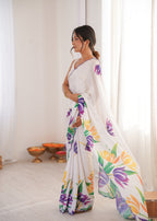 Jyoti Fashion Women's White Chinon Digital Printed Designer Saree with Blouse | Grocsy
